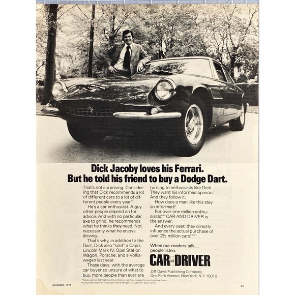 Car & Driver Magazine "Dick Jacoby Loves His ferrari" Vintage Print Ad 1975 - Picture 1 of 3